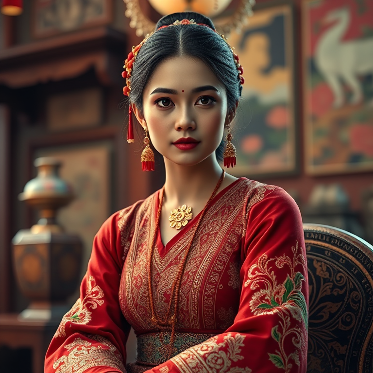 A beautiful Nepali woman in traditional East Asian attire, intricately detailed with embroidered patterns, sitting gracefully in a richly decorated room, soft ambient lighting, serene and elegant, ultra-realistic, 8K resolution