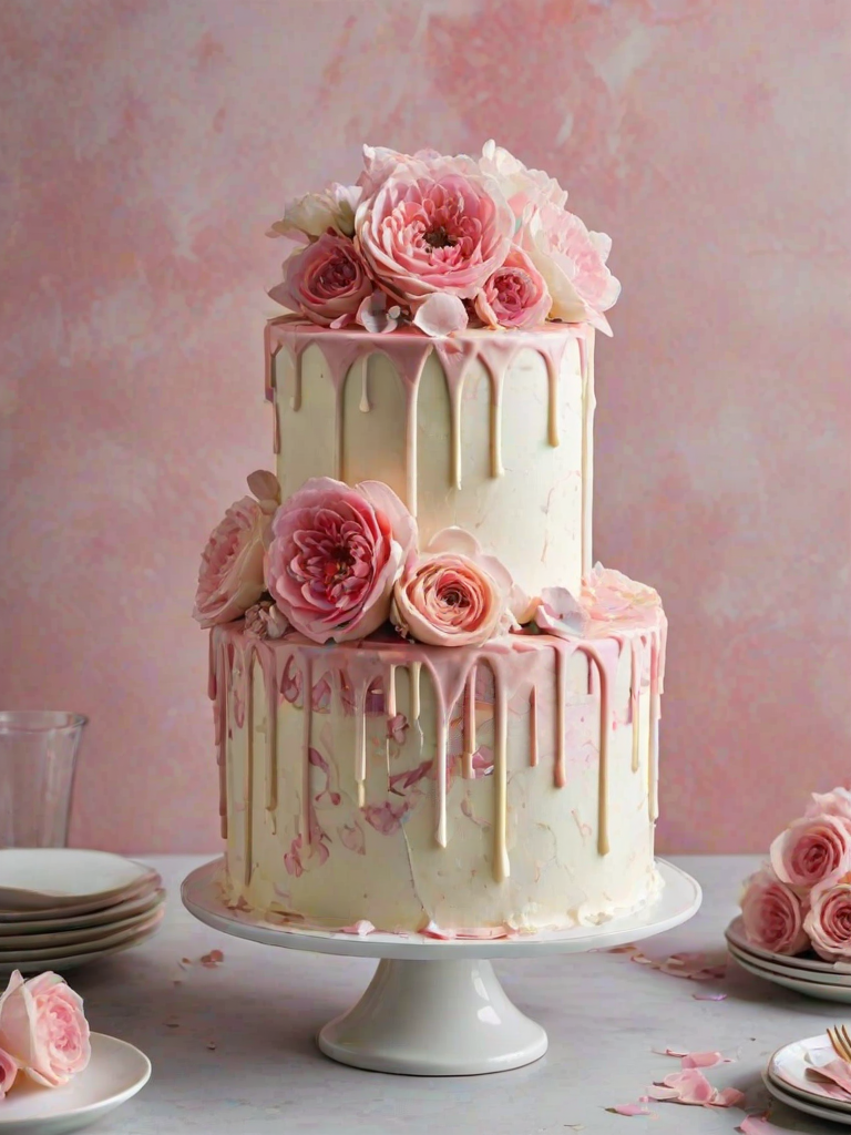 Create an elegant cake with smooth white frosting featuring a marbled effect of soft pink and cream. The cake should have a glossy white chocolate drip cascading down the sides. Adorn the top with fresh pink flowers and scattered flower petals around the base. Set the cake against a light, textured background with a soft, romantic atmosphere.