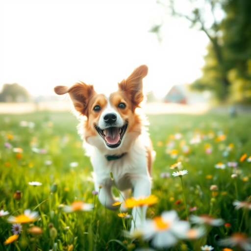 Blurry, candid shot of a dog running through a field of wildflowers, ears flapping in the wind, joyful expression on its face, sunlight filtering through the trees, a distant farmhouse barely visible, soft breeze rustling the flowers.
