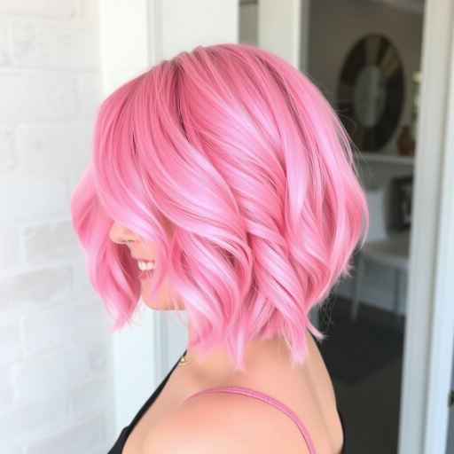 Playful bubblegum pink bob dubbed "Cotton Candy Crush" with blunt cut ends, pastel pink base with darker rose accents, textured waves throughout, side-swept bangs blending seamlessly, whimsical and fun appearance