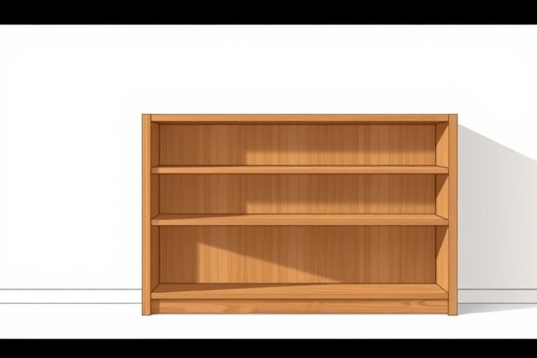 Create an illustration of a wooden bookshelf with four shelves, angled slightly to the right, using a DSLR camera with a 50mm lens, aperture f/2.8, ISO 100, and a shallow depth of field for enhanced visual quality.