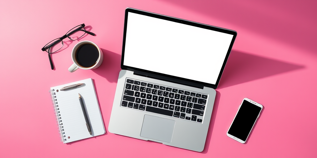 Create a flat lay image of a modern laptop with an open screen on a vibrant pink background, include a notepad, glasses, a coffee cup, and a smartphone, shot with a DSLR camera using a 50mm lens, aperture f/2.8, ISO 100, and natural light to enhance colors and shadows.
