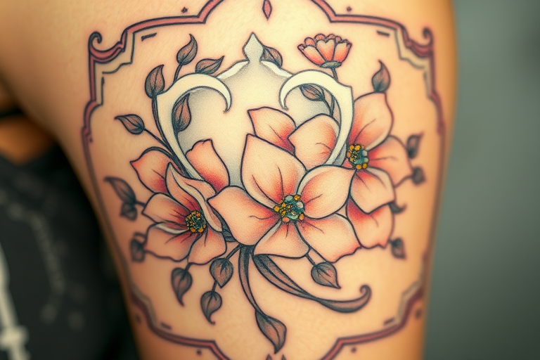 Art nouveau-inspired tattoo featuring elegant floral motifs and flowing lines, muted pastel color palette, ornate frame-like border, feminine and romantic aesthetic
