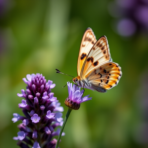 macro shot of a butterfly perched on a purple flower with a blurred green background, using a Canon EOS 90D camera with a 100mm f/2.8 macro lens, aperture set to f/4, shutter speed 1/200 sec, ISO 200, natural lighting for enhanced color vibrancy and detail.