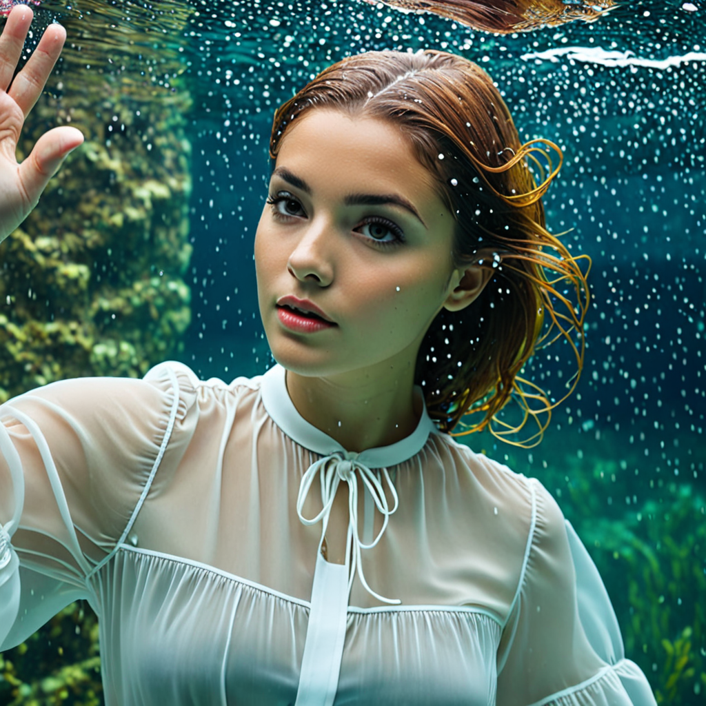 Girl, underwater, white sheer blouse, wet