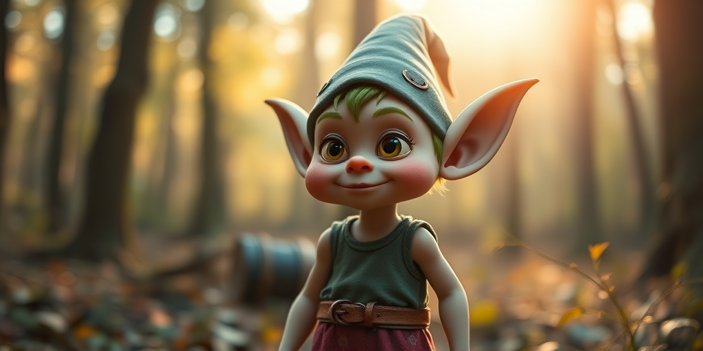Create a detailed, high-resolution image of a whimsical goblin character standing in an enchanted forest, with a shallow depth of field, warm sunlight filtering through the trees, using a Canon EOS R5 with an 85mm f/1.2 lens, aperture set to f/2.8, ISO 100, and a focus on the character's expressive features and vibrant colors.