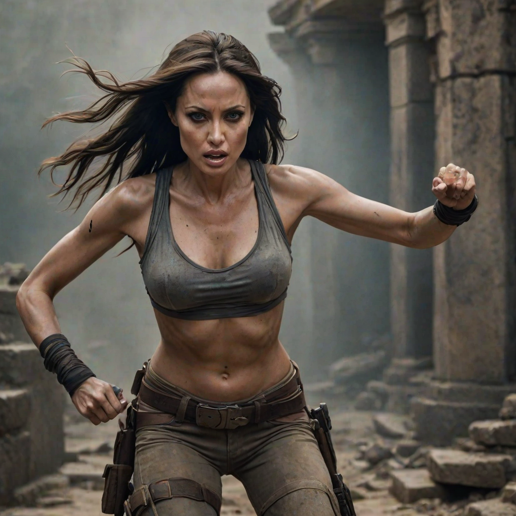 Fierce "Angelina Jolie" action pose, long dark hair in motion, determined expression, Tomb Raider inspired outfit, ancient ruins background, dramatic backlighting, smokey eye makeup, athletic physique