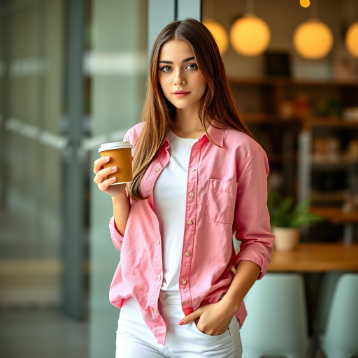 A young woman with long brown hair stands with her back against a glass door, wearing a pink button-down shirt over a white T-shirt and white pants, holding a cup of coffee in her right hand. The woman is looking directly at the viewer, her expression is neutral. Her right hand is tucked into the pocket of her pants while her left hand holds the coffee cup. The lighting is soft and natural, highlighting her features. The background is blurred, with the focus on the woman. The photo is taken from a slightly elevated perspective, showcasing the woman's full figure.