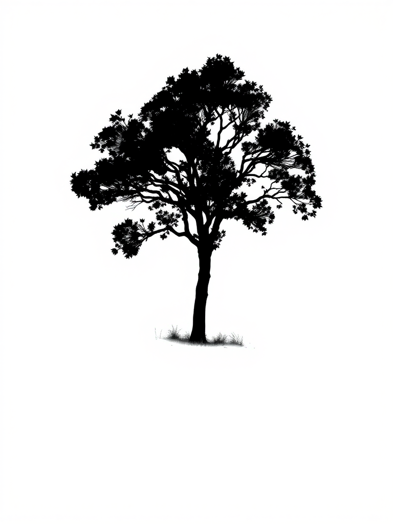 Generate a high-resolution illustration of an abstract black silhouette of a tree against a white background, shot with a Canon EOS R5 at f/8, ISO 100, 50mm lens, using a minimalistic style and top-down view.