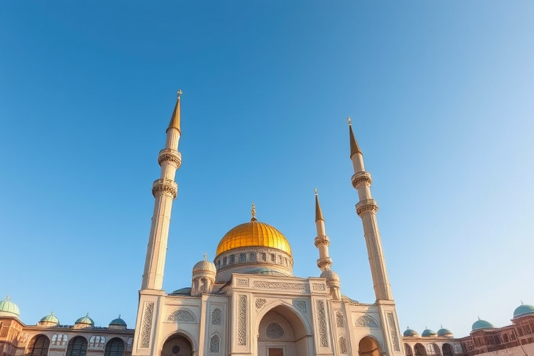 Create a high-resolution illustration of an ornate mosque with a golden dome and four tall spires, using a DSLR camera with a 50mm lens, f/2.8 aperture, ISO 100, shot in daylight from a low angle for enhanced perspective and clarity.