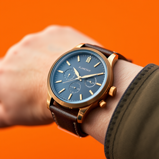 A close-up shot of a stylish brown wristwatch on a person's wrist with an orange background, using a DSLR camera with a 50mm lens, aperture set to f/2.8, ISO 100, shutter speed 1/200, natural lighting for enhanced detail and clarity.
