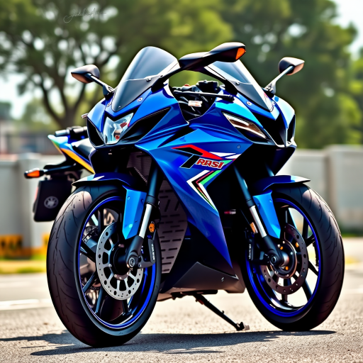 Create a highly detailed digital illustration of a blue sports motorcycle with a sleek design and vibrant colors, captured from a low-angle perspective to emphasize its sporty features, using a digital camera set to a high resolution, 50mm lens, f/2.8 aperture, and natural lighting for enhanced clarity and contrast.