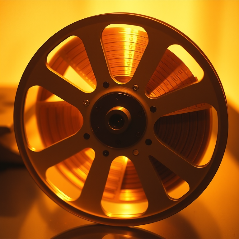 High-quality vintage film reel with golden hues and dynamic lighting, captured with a Canon EOS R5, 50mm lens, f/2.8, ISO 100, 1/200s, soft focus background, cinematic style, top-down view.