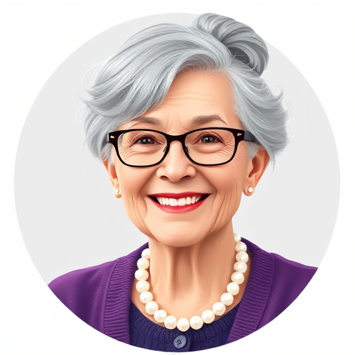 Create a digital illustration of a friendly elderly woman with gray hair in a bun, glasses, and a warm smile, wearing a purple cardigan and a pearl necklace, in a simple oval frame, high resolution 300 DPI, shot with a digital camera, focal length 50mm, aperture f/2.8, soft natural lighting.