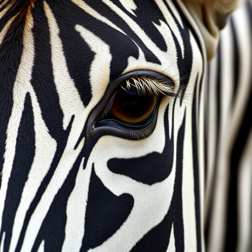 Close-up of a zebra’s face, focusing on its eye. The zebra’s distinctive black and white stripes are prominent, with its large brown eye showing detailed lashes and a slight reflection. The texture of the zebra’s skin and fur is visible, creating a sharp contrast between the dark and light stripes.