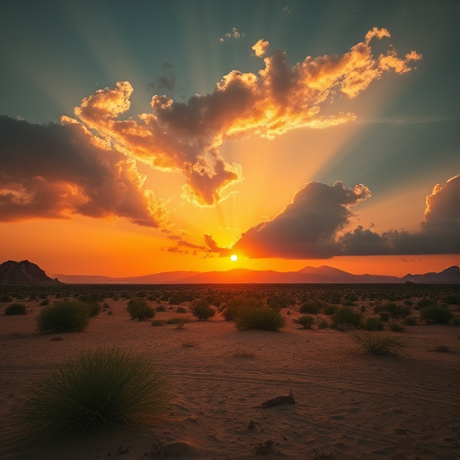 desert landscape during sunset with dramatic clouds and sun rays, captured with a Canon EOS R5, 24mm lens, f/8 aperture, ISO 100, 1/125 second exposure, wide-angle view, high dynamic range, vibrant colors and sharp details