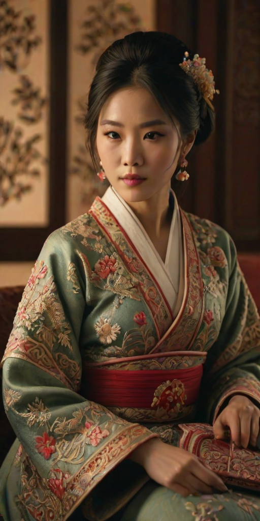 A beautiful woman in traditional East Asian attire, intricately detailed with embroidered patterns, sitting gracefully in a richly decorated room, soft ambient lighting, serene and elegant, ultra-realistic, 8K resolution