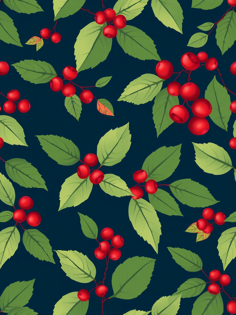 create a high-resolution seamless pattern featuring various green leaves and red berries on a dark navy background, using a Canon EOS R5 with a 50mm f/1.2 lens at ISO 100, aperture f/4, and a soft focus to enhance depth of field and color vibrancy