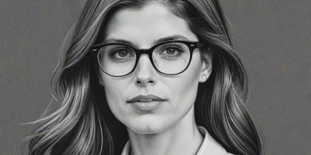 Appealing Lake Bell, pencil sketch, portrait of Radiant woman 1968s in glasses, hair style beatnik, outline, clear lines, fine lines, 8k