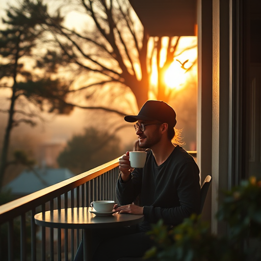 Warm, intimate image of a couple sipping coffee together on a cozy balcony, soft sunlight filtering through the trees, distant birds flying overhead, and the smell of fresh morning brew.