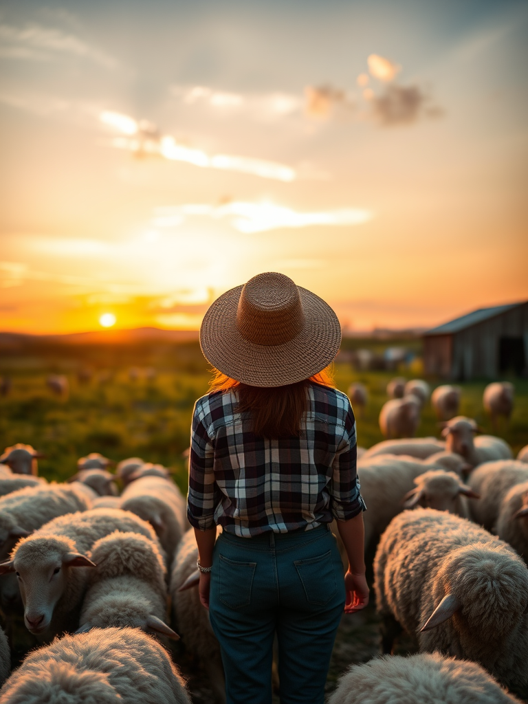 generate an image of a serene sheep farm at sunset with a person in a straw hat standing among the sheep, visibly soft clouds in the sky, use a Canon EOS R5, 35mm lens, f/2.8 aperture, ISO 100, with a shallow depth of field for a dreamy effect