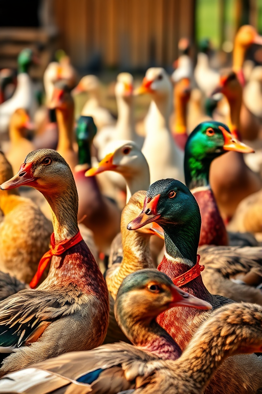 Capture a vibrant scene of various ducks in a farmyard setting, using a DSLR camera with a 50mm lens, aperture set to f/2.8 for a shallow depth of field, ISO 400 for optimal exposure, shot in natural light at a slight angle to showcase their colorful feathers and textures.