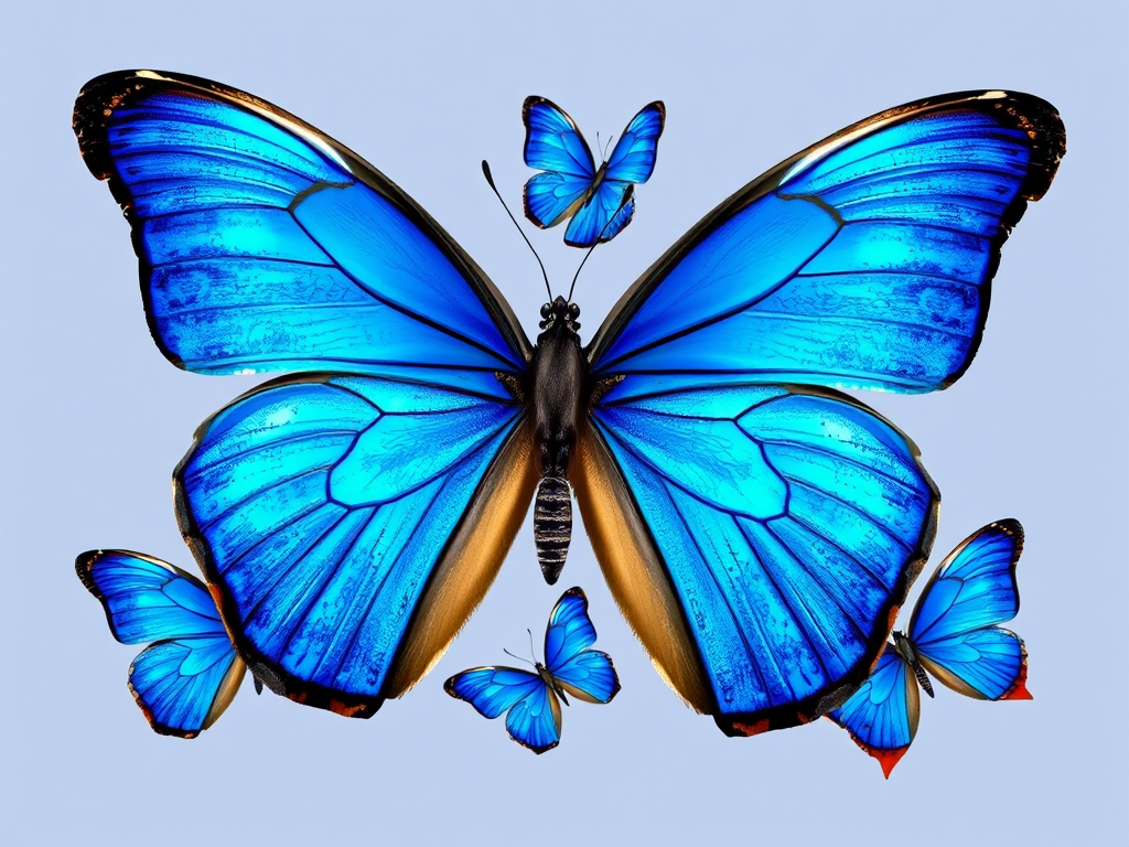 Generate an image of a butterfly with vibrant blue wings. The butterfly should have intricate patterns and a slightly iridescent quality. Include a few additional butterflies with varying shades of blue and hints of orange around the edges, arranged in a natural pose. The background should be simple and unobtrusive to emphasize the butterflies.