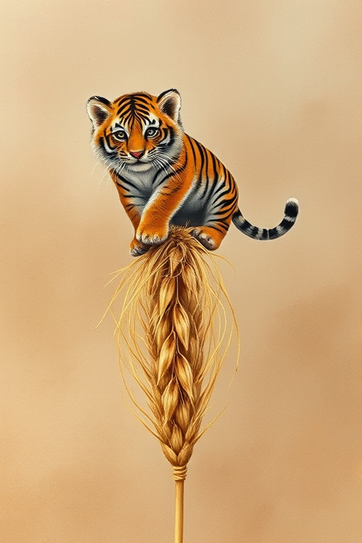 Soft, muted Alcohol Ink with ebru effect background image of tiny whimsical tiger, who climbed high on the top of a golden rye ear.