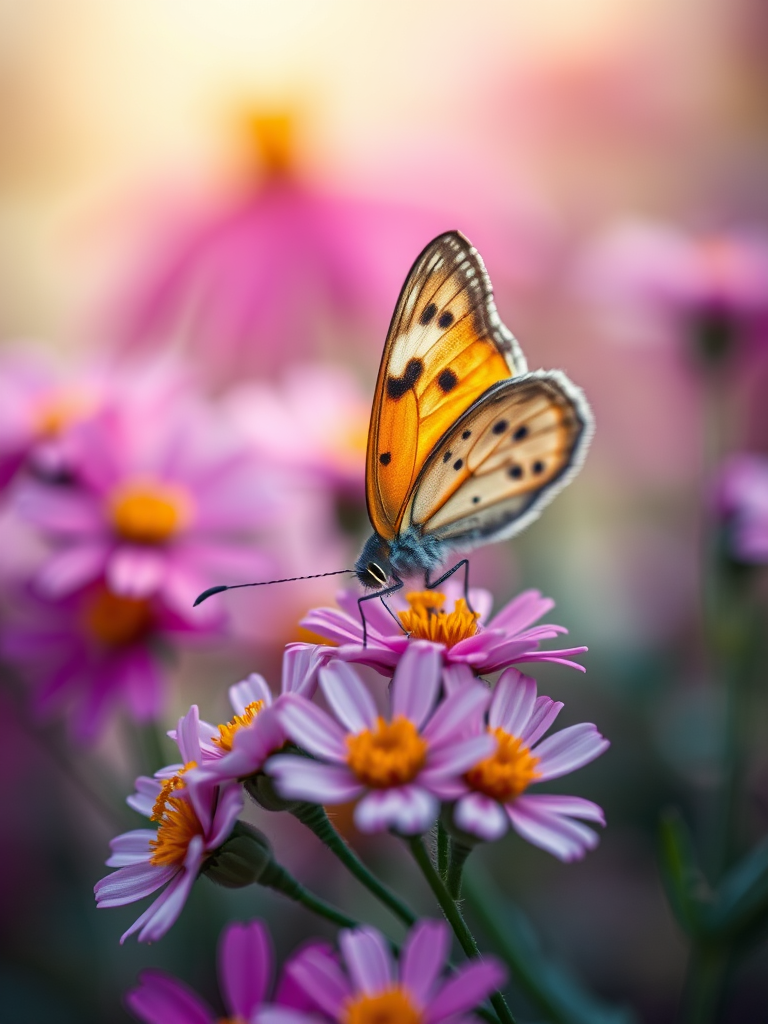 capture a close-up of a butterfly resting on colorful flowers with a shallow depth of field, use a 50mm lens, aperture f/2.8, ISO 100, 1/200 sec exposure, natural light, macro photography style