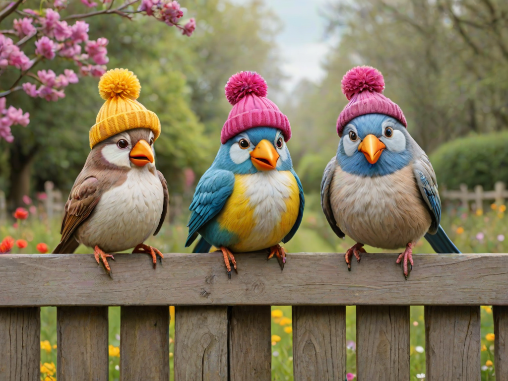 create a scene of 4 quirky  whimsical colourful comical birds each with a funny expression. they are sat on a wooden fence with colourful flowers. they are all different sizes. each one is a different colour  one is wearing a woolly hat. Each one has a different quirky google expression and there is a muted background of trees watercolour paintierly style high definition 8k resolution 3D paper mache