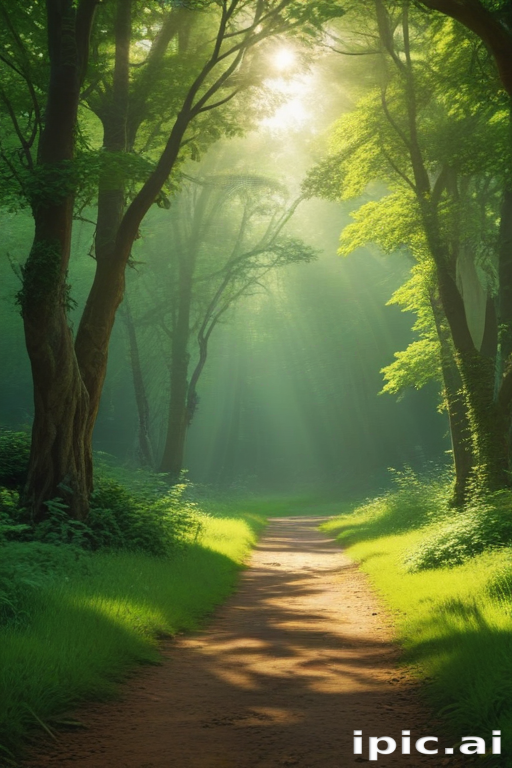 Tranquil Forest Pathway Illuminated by Gentle Sunlight Through Lush Trees
