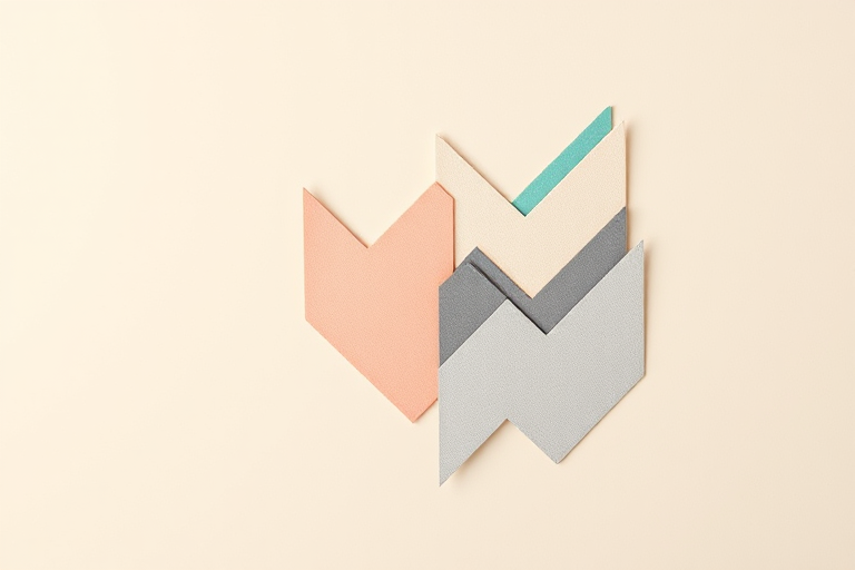 Create a minimalistic abstract composition featuring four chevron shapes in varying colors of coral, beige, teal, and gray against a soft beige background, captured with a DSLR camera at f/8 aperture, 50mm lens, and a natural light setup for enhanced clarity and contrast.