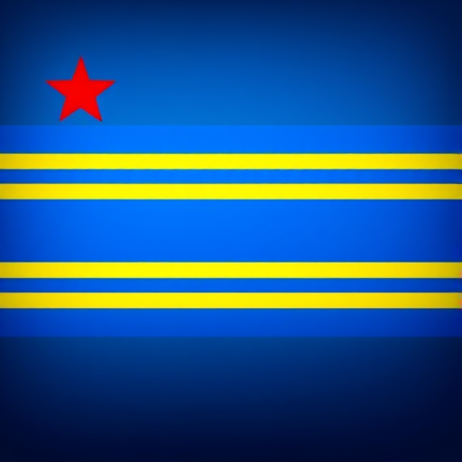 Create a high-resolution digital illustration of a flag featuring a blue background with two yellow horizontal stripes and a red star in the upper left corner, using a 35mm camera style, f/8 aperture, ISO 100, and soft lighting to enhance colors and details.