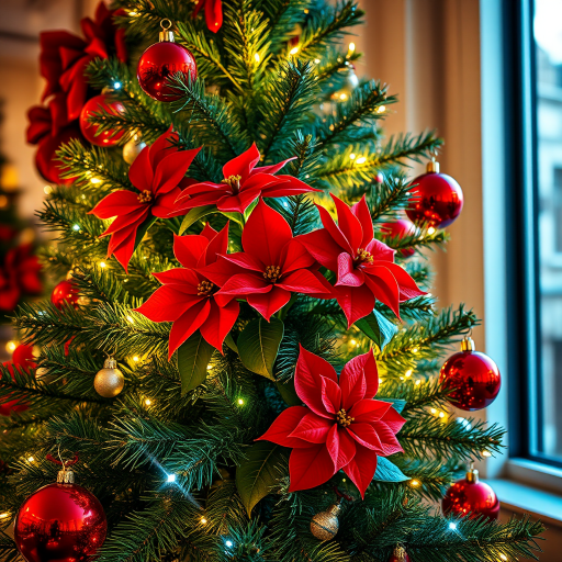 Generate an image of a beautifully decorated Christmas tree with bright lights, red poinsettias, and shiny red ornaments. The scene should evoke a warm and festive holiday atmosphere.