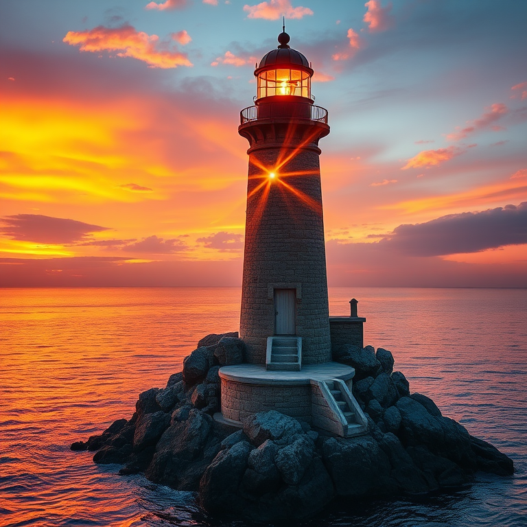 Generate an image of a tall lighthouse perched on a rocky outcrop surrounded by calm ocean waters during a breathtaking sunset. The lighthouse stands sturdy and weathered, its stone surface illuminated by the warm golden light of the setting sun. The sun's rays pass directly through the glass lantern room at the top of the lighthouse, casting a brilliant light across the scene. The sky is painted with vibrant shades of orange, pink, and purple, reflecting off the tranquil sea. The surrounding water shimmers with the same warm hues, creating a serene and majestic atmosphere.