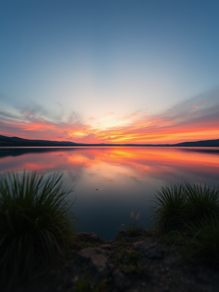 Generate a high-resolution image of a serene landscape featuring a sunset over a calm lake, with vibrant colors reflecting on the water, shot using a Canon EOS R5 at f/8, ISO 100, 1/200 sec, with a wide-angle lens from a low perspective to capture depth.