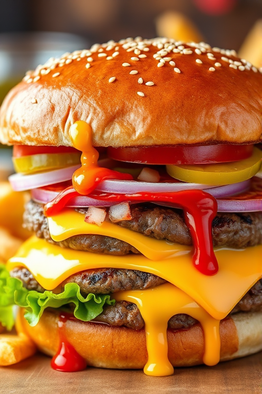 High-resolution, close-up image of a gourmet double cheeseburger. The burger features a glossy, sesame-seed-topped brioche bun. Inside, there are two thick, juicy beef patties, each topped with melted cheddar cheese. The burger is garnished with fresh lettuce, tomato slices, diced onions, and pickles. A generous amount of ketchup and a creamy, orange-colored sauce is dripping down the sides, adding to the mouth-watering appeal. In the background, there are blurred elements including a side of golden French fries and a hint of a beverage, enhancing the overall presentation of a delicious meal.