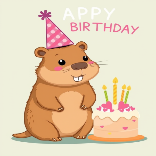 Cute cartoon capybara wearing a party hat sitting next to a birthday cake with candles and a heart symbol, pastel background with text that says CAPPY BIRTHDAY.