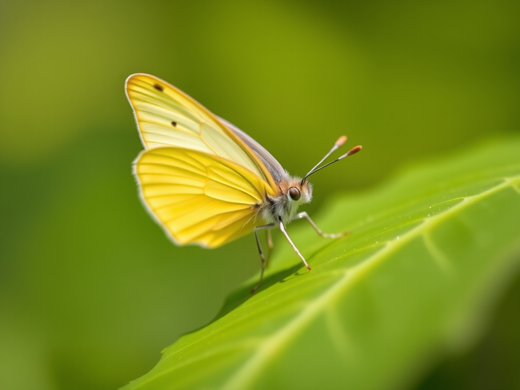 Macro shot of a pale yellow butterfly resting on a green leaf, with a shallow depth of field, focus on the butterfly, f/2.8 aperture, 1/250 sec shutter speed, ISO 100, natural lighting, DSLR camera.
