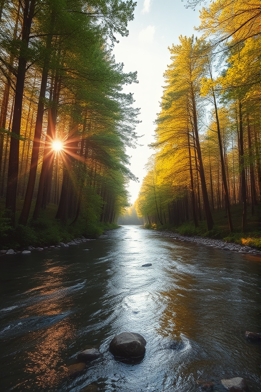 Create an image of a serene, sunlit forest scene with a clear, gently flowing river. Tall trees with lush green foliage line both sides of the river, their leaves bathed in the warm golden light of the setting or rising sun. The sunlight filters through the trees, casting soft, dappled light on the river, which flows over smooth rocks and pebbles, creating a peaceful, natural atmosphere. The sky is bright with a few scattered clouds, and the overall mood is tranquil, evoking a deep sense of connection with nature. The image captures the beauty of a calm, pristine forest landscape at either dawn or dusk.