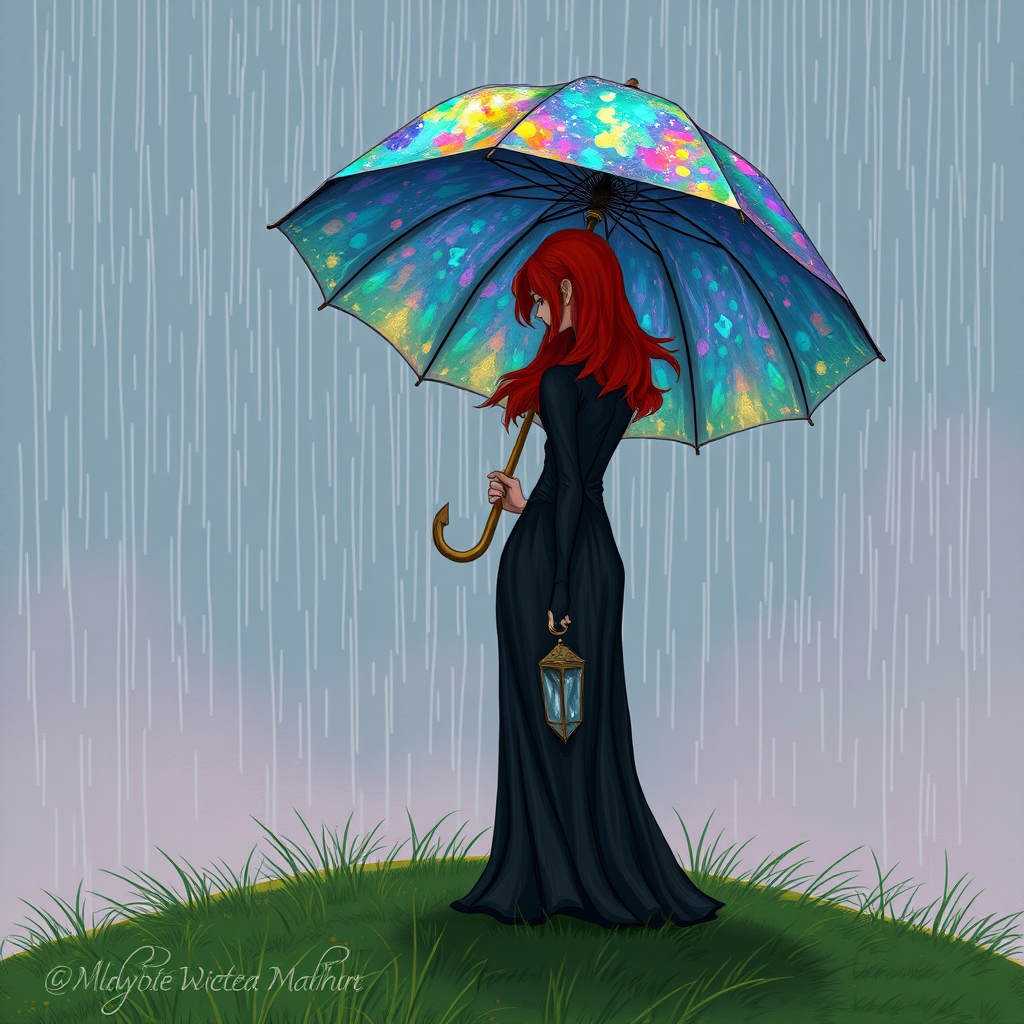 A surreal hand-drawn digital artwork depicting a mysterious red-haired woman standing on a grassy hill under the rain. She holds an umbrella crafted from iridescent zircon, its vibrant sheen contrasting with the soft, rainy atmosphere. The scene feels dreamlike, blending the natural elements of the hill and rain with the otherworldly shimmer of the umbrella.