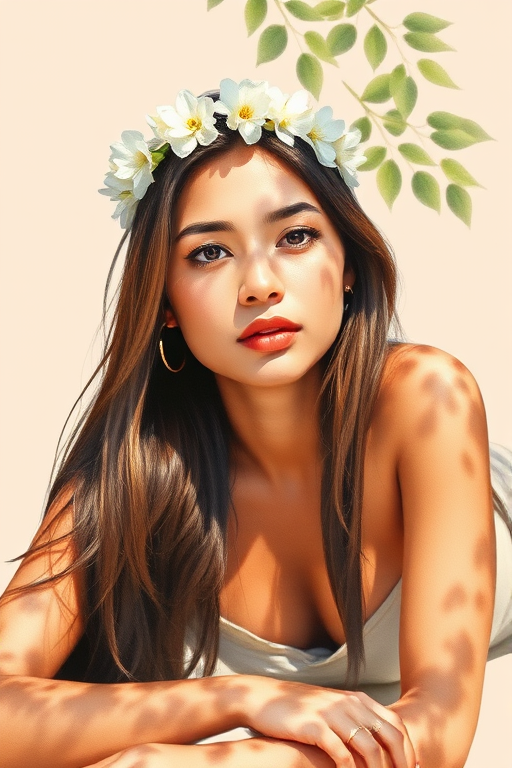 create a watercolor painting of an ethereal portrait of beautiful Guarani woman with a simple white flower crown on her head. Her hair is long and she is lying on the ground. The sunlight on the trees casts shadows from the leaves on her face and body. The background is a neutral brown color that matches her skin tone. The image is minimalist and solid colors. This style is characterized by soft, delicate brushstrokes and a light, airy, contrasting color palette. High level of detail and play of light