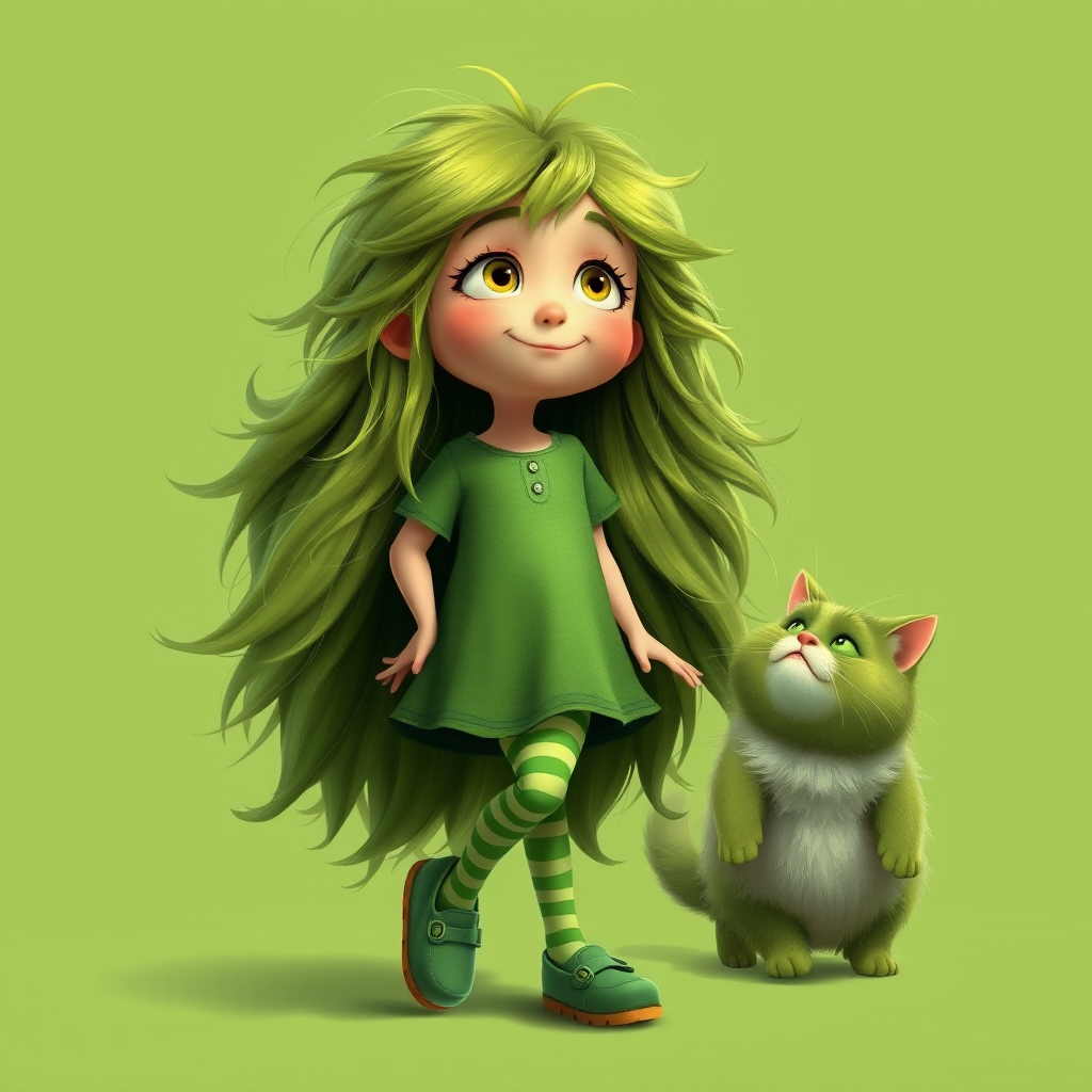 Pixar style of a young girl with exaggerated fluffy long shaggy flowing green hair. She is wearing a green dress and striped green tights, and green clogs. background is green with a cat walking next to her. The cat is fat, green with fluffy hair and looking up at the girl with a curious expression. Green color palette.
