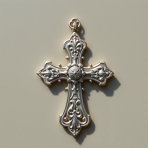 Create a high-resolution image of a silver ornate cross on a transparent background, using a Canon EOS R5 camera with an aperture of f/2.8, ISO 100, 50mm lens, top-down view, and soft natural lighting to enhance details and contrast.