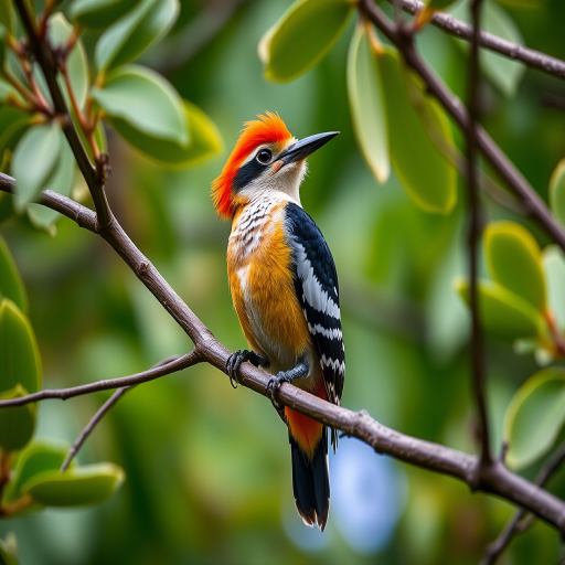 Regenerate an image of a vibrant woodpecker perched on a branch amidst a backdrop of blurred eucalyptus leaves, using a Canon EOS 5D Mark IV with a 100mm f/2.8 macro lens, aperture set to f/4, ISO 200, and a shutter speed of 1/500s to enhance sharpness and detail.