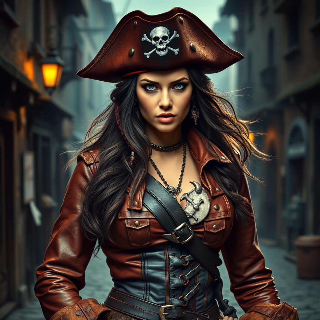 Create a portrait of a fierce female pirate. She wears a leather tricorn hat adorned with a skull and crossbones emblem, and her long, dark hair flows around her face. Her outfit consists of a richly detailed leather jacket, a corset, and multiple layers of belts and accessories, giving her a formidable and stylish appearance. She stands confidently in a dimly lit, historic port town, with a backdrop of weathered buildings and cobblestone streets, capturing the adventurous spirit of a pirate.
