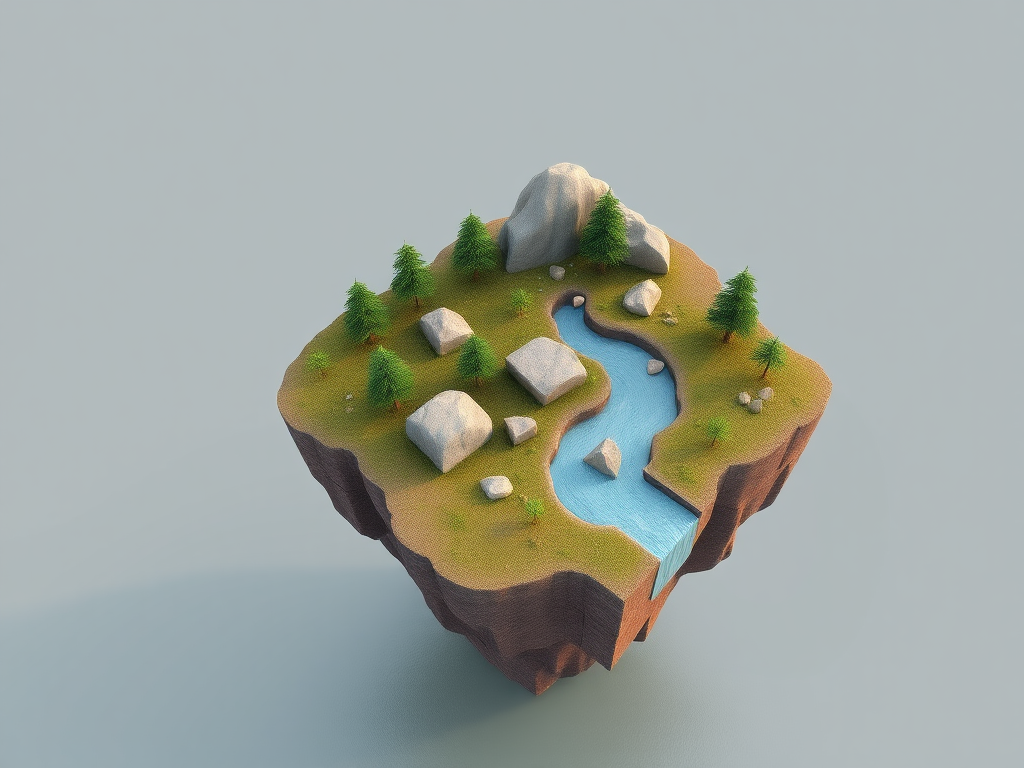 Create a 3D rendered floating island landscape with a river flowing through it, featuring stylized rocks and pine trees, captured with a DSLR camera at f/8, ISO 100, 1/200s shutter speed, wide-angle lens, overhead view for depth and detail.