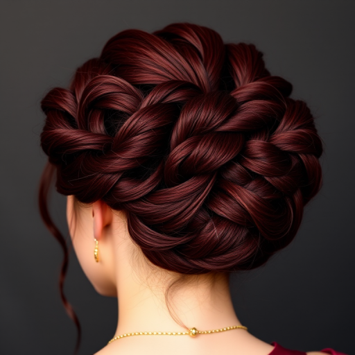 Regal burgundy updo intricately braided into a crown-like formation, Empress's hair exudes sophistication and power, adorned with delicate golden threads woven throughout the elaborate style