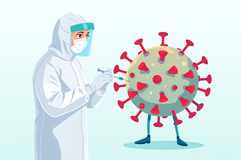 Create a digital illustration of a healthcare professional in a protective suit administering a vaccine to a large cartoonish virus character, using a clean, minimalist background with a gradient from teal to light blue, camera settings: ISO 100, aperture f/8, shutter speed 1/60s, camera view: medium shot, camera style: flat design, camera type: digital illustration.