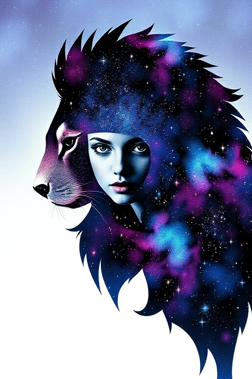 Captivating conceptual render alcohol ink art, double exposure, the paint strokes artfully merge combining a woman's full silhouette with a Radiant red panda's silhouette. The figures are composed of a series of colored dots, lines & spots that evoke the image of a cosmic galaxy, colors are deep shades of blue purple & black with flashes of white & silver representing distant stars. The woman's silhouette is formed within the lion's silhouette from constellations of scattered stars, surreal